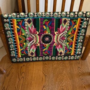 NWT Antik Kraft Embroidered Black Multicolor Beaded Clutch